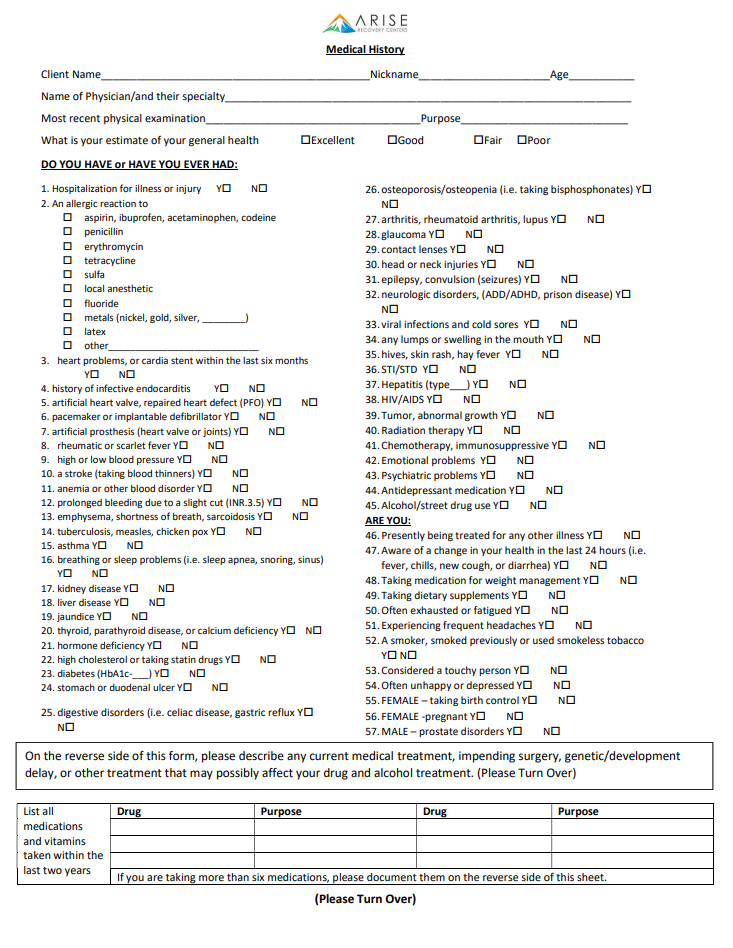 Medical History Form for Arise Recovery Centers