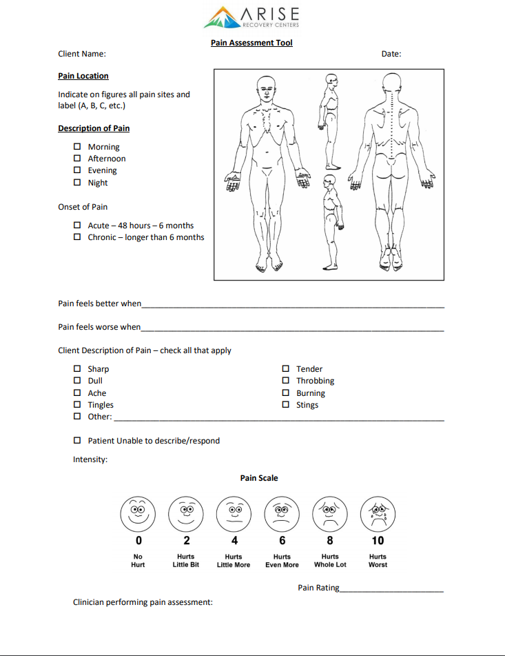 Pain Assessment Medical Form for Arise Recovery Centers