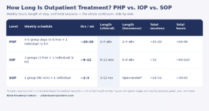 Comparison table of outpatient treatment levels — PHP, IOP, and SOP — showing weekly hours, length of stay, and total sessions and hours.