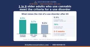 1 in 9 older adults who use cannabis meet the criteria for a use disorder. Chart: smoking cannabis 4.9 times the risk, 300 or more days a year 3.7 times, other drugs 3.2 times; 8.9% of adults 65+ used cannabis in the past year; 76% of cases were mild. Arise Recovery Centers.